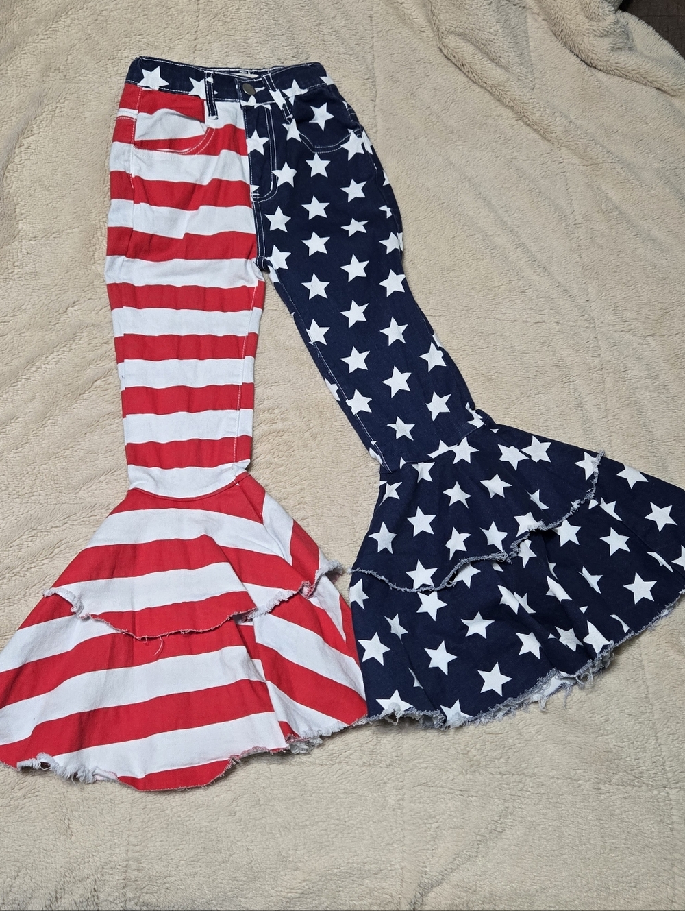 4th of July American Flag Denim Jeans Distressed Double Ruffle Bell Bottom, 9-10